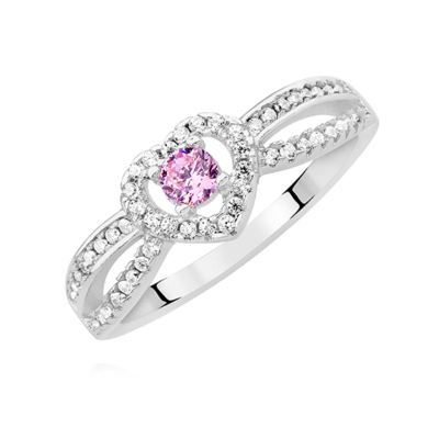 Srebrny pierścionek serce - różowa cyrkonia