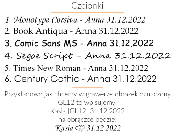 czcionki graweru na obrączce
