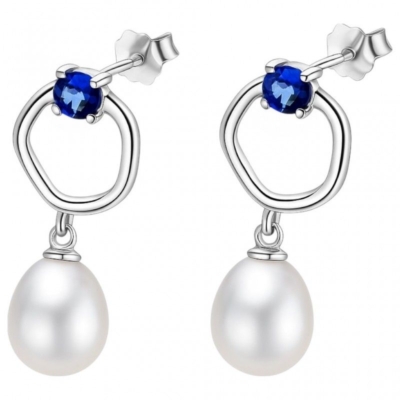 Kolczyki srebrne Szafir, perła, pr. 925