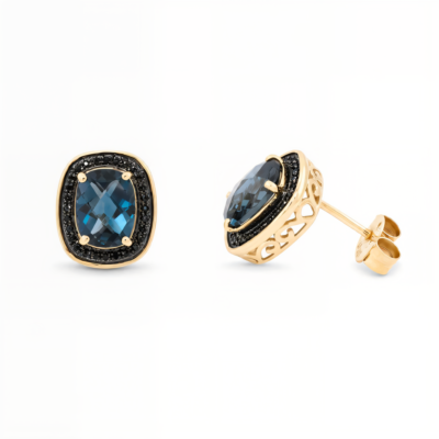 Kolczyki złote Topaz London Blue, czarne brylanty, pr. 585