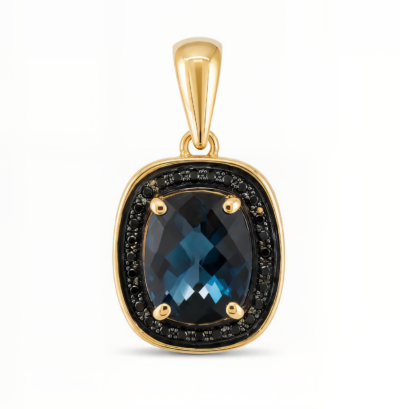Zawieszka złota Topaz London Blue, czarne brylanty, pr. 585
